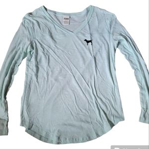 Victorias Secret PINK Womens Aqua Blue Mint Teal V Neck Long Sleeve Shirt Small